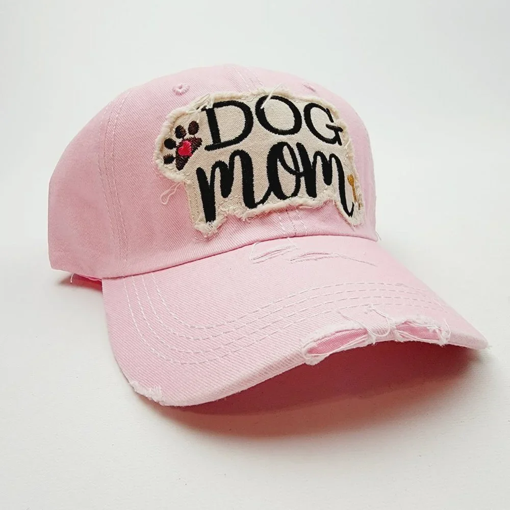 Dog Mom Distressed Relaxed Cotton Buckle Strap Full Cover Baseball Hat Cap Pink